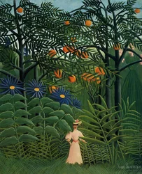 Femme se promenant dans une forêt exotique